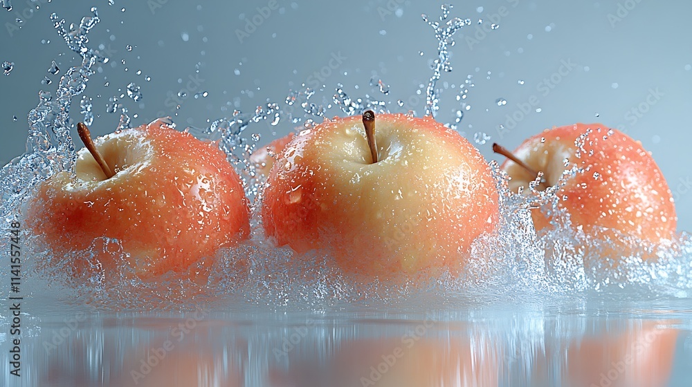 Poster three ripe apples splashing in refreshing clear water with creative photography : generative ai