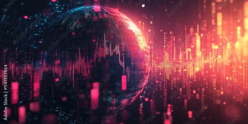 Poster a vibrant digital representation of a globe surrounded by colorful sound waves, illustrating the con
