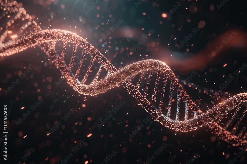 Poster a stunning representation of dna strands illuminated in a dark background, highlighting the intricat