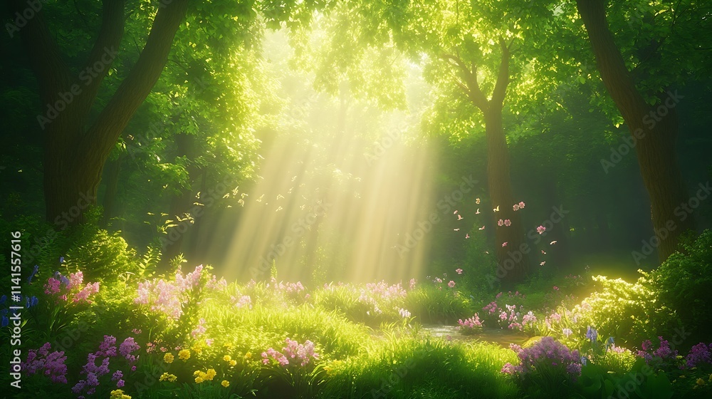 Poster enchanting forest clearing with sunlight and a blooming flowerbed : generative ai