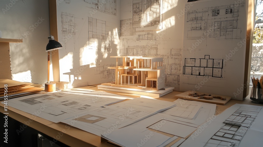 Poster architectural workspace with blueprints and a model building.