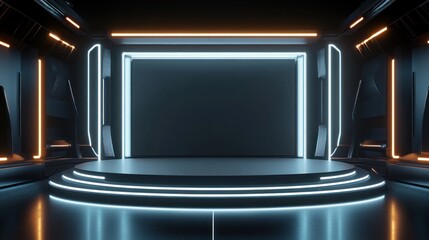 A futuristic stage with illuminated edges, designed for presentations or performances.