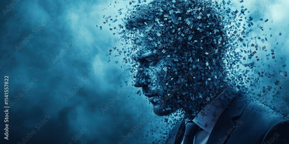 Poster A surreal depiction of a man whose face disintegrates into particles, set against a blue backdrop, symbolizing transformation or loss of identity.