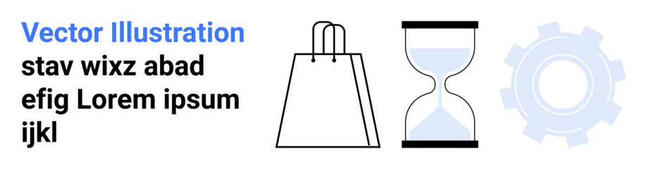 Shopping bag, hourglass, and gear objects in black and white. Placeholder text to the left. Ideal for ecommerce, time management, industry, minimal design, modern interface economy productivity