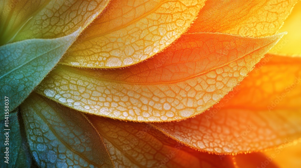 Poster close-up of vibrant, textured leaves showcasing intricate patterns and colors.
