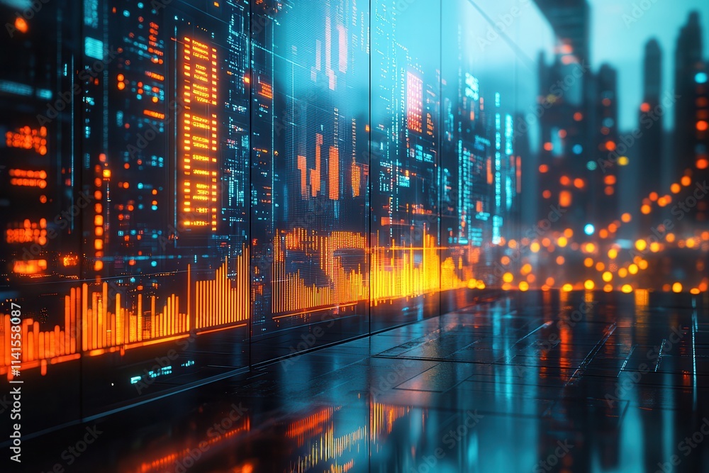 Poster A futuristic cityscape with glowing digital displays and data visualization, reflecting on a wet surface, creating a vibrant and high-tech ambiance.