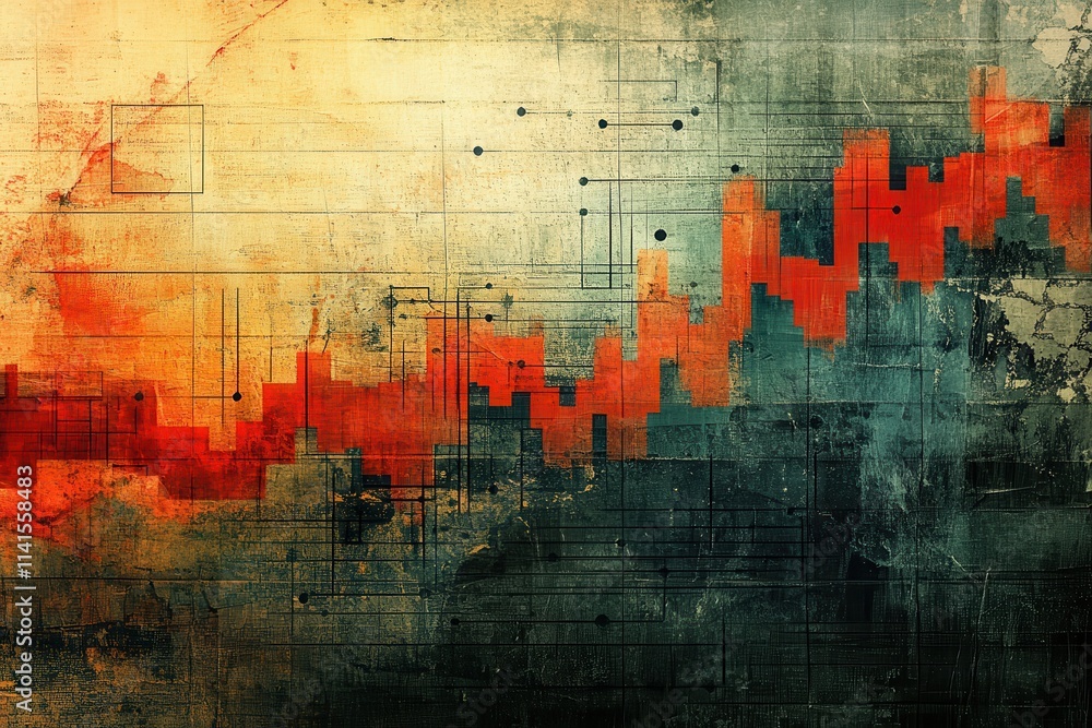Poster an abstract representation of a rising graph, featuring vibrant colors and a textured background, sy
