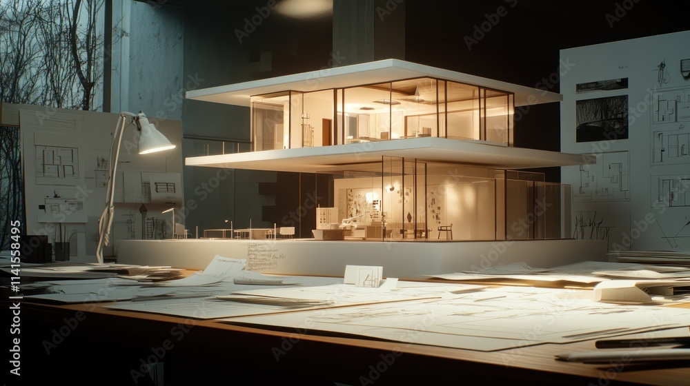 Poster a model of a modern architectural design surrounded by sketches and papers.