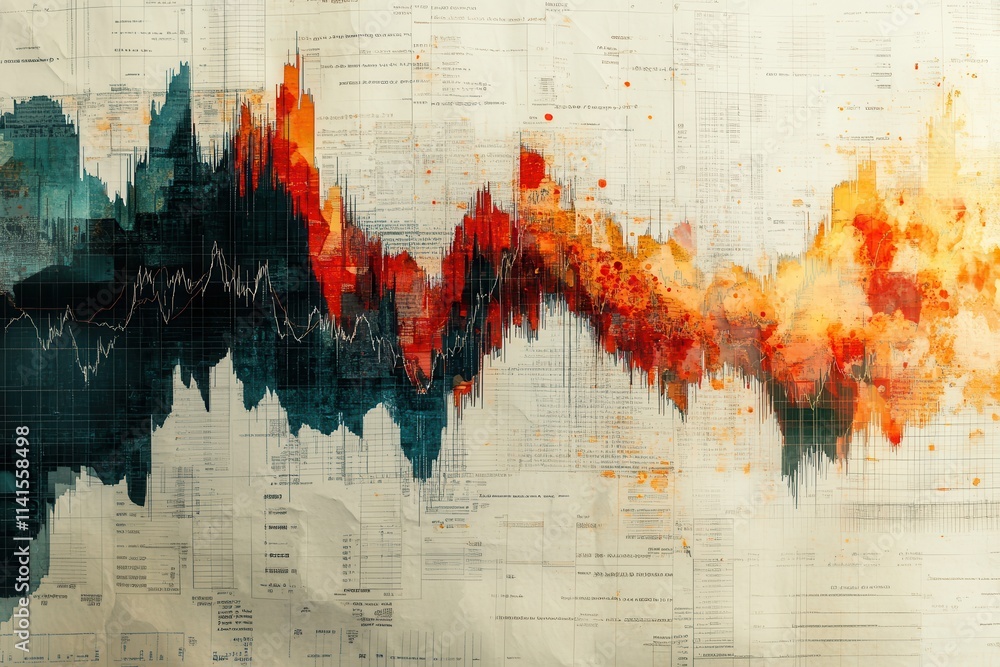 Poster a vibrant abstract representation of data trends, featuring bold colors and dynamic shapes that evok
