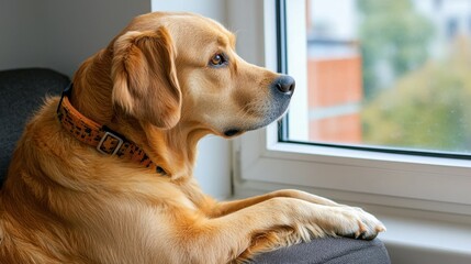 Anticipation of spring: golden retriever gazing out the window in a calm indoor setting