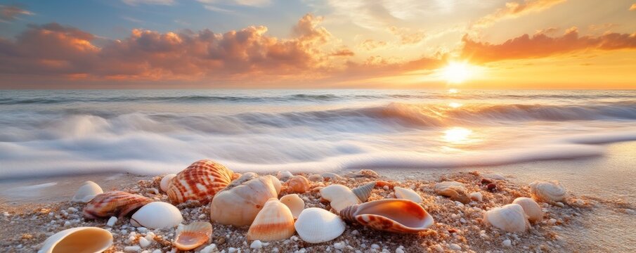 Seashells on sandy beach with sunset over