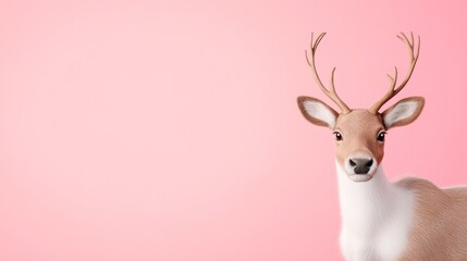 A cute deer with antlers against a pink background.