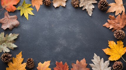 Autumn leaves and pine cones frame on chalkboard background for seasonal design