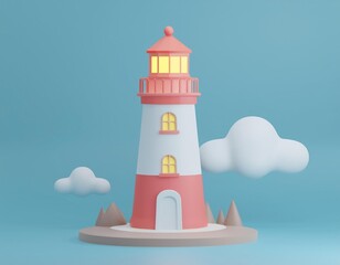 3D charming lighthouse stands tall its light shining brightly against a serene cloudy sky