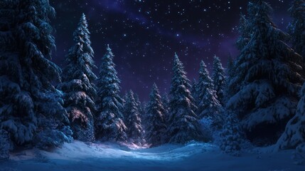 Snowy forest path under starry night sky.