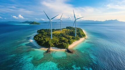 Wind turbines on a small island surrounded by crystal-clear water, tropical greenery, and white sand beaches, embodying sustainability and natural beauty in a tropical paradise --ar 16:9