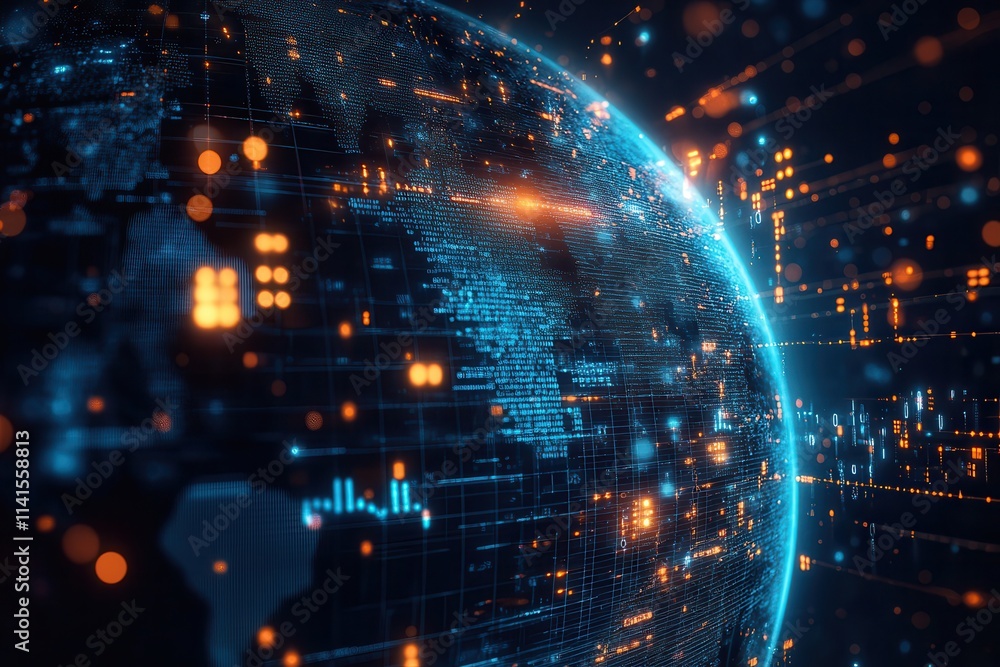 Poster A digital representation of a globe illuminated by vibrant lights and data streams, symbolizing global connectivity and advanced technology.