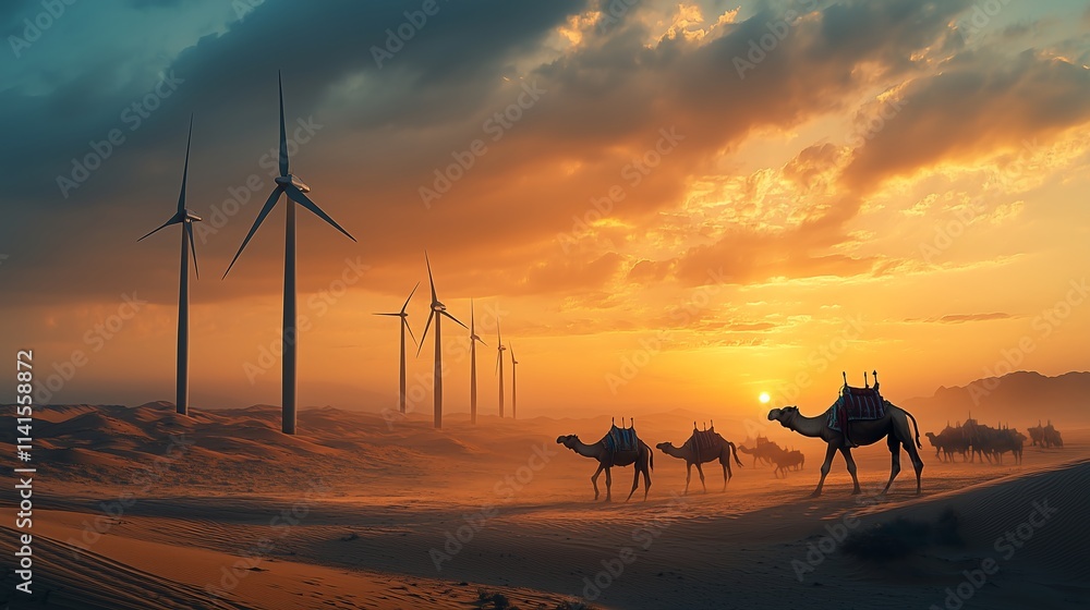 Aufkleber a cluster of wind turbines in the desert, with camels passing by, merging the ancient tradition of c