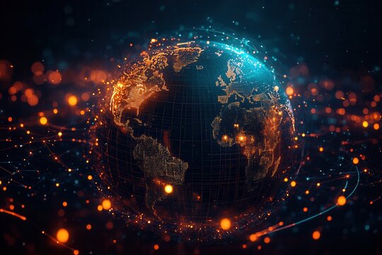 A glowing digital globe surrounded by vibrant particles, symbolizing connectivity, technology, and the global network.