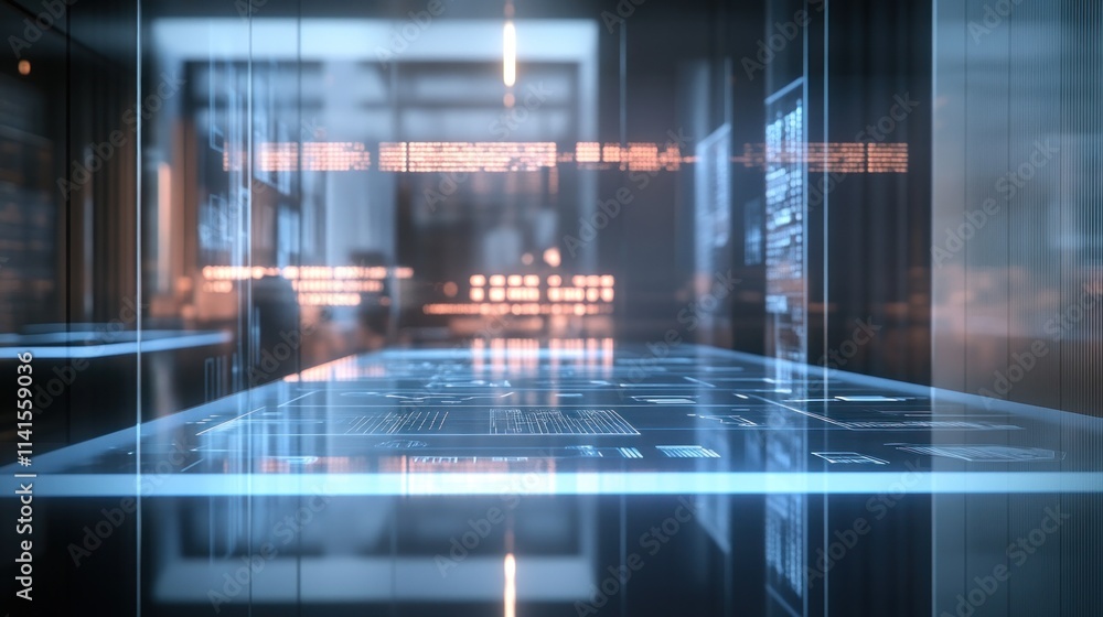 Poster a futuristic office space with a digital interface on a transparent table.
