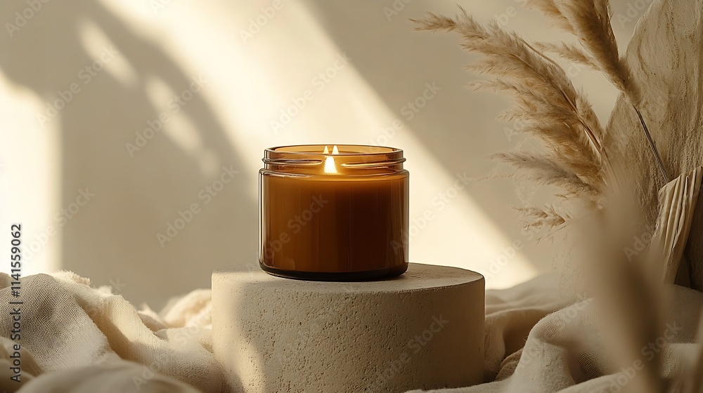 Poster minimalist amber candle with soft fabric and natural accents : generative ai