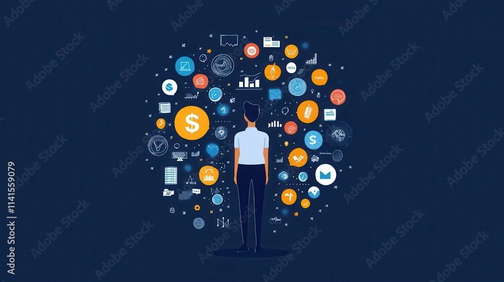 Poster a person stands amidst floating icons representing finance, technology, and data analytics, symboliz