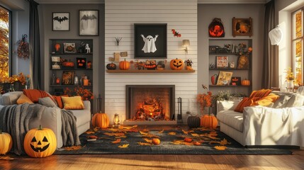 Obraz premium Cozy autumn living room decorated for Halloween with pumpkins, ghosts, and festive decor.