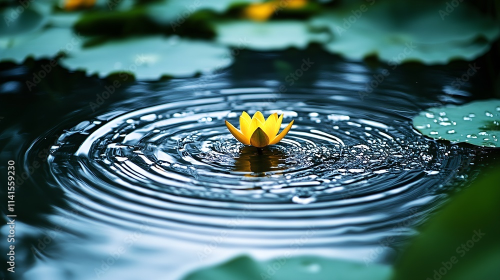Poster serene yellow lotus bloom in calm water with ripples and lily pads : generative ai