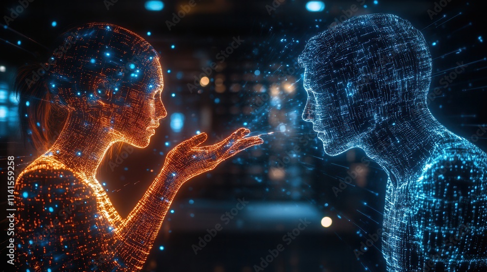 Aufkleber a digital representation of two figures, one glowing orange and the other blue, engaged in a dynamic