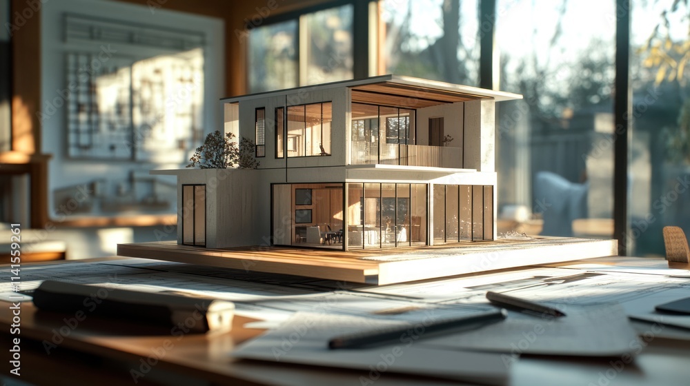 Poster a detailed architectural model displayed on a desk with blueprints and natural light.