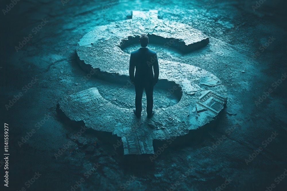 Poster a solitary figure stands on a large dollar sign, symbolizing financial themes and the quest for weal