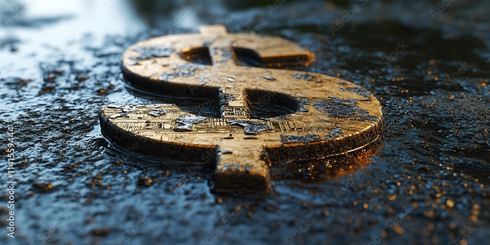 Aufkleber a close-up of a weathered dollar sign resting on a wet surface, highlighting textures and reflection