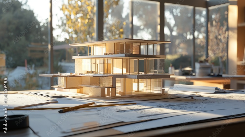 Aufkleber a detailed architectural model displayed on a desk with blueprints and tools.