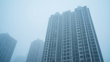 Fototapeta premium Snowstorm Envelops Urban High-Rises, Creating a Winter Wonderland in a Bustling City