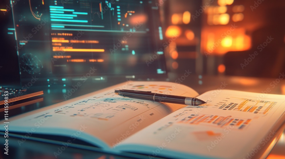 Poster a pen rests on an open book filled with charts and data, set against a glowing digital backdrop.