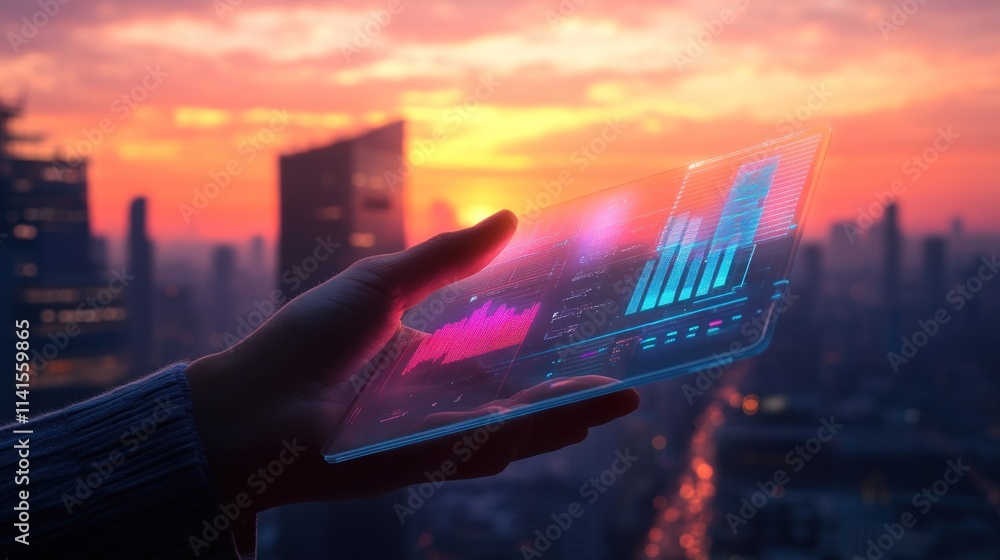 Poster a hand holding a transparent digital device displaying data against a sunset skyline.