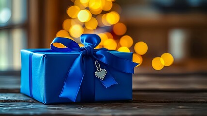A luxuriously wrapped present with a blue ribbon and heart charm sits on a wooden surface, illuminated by warm bokeh lights.