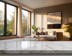 The neutral color palette of the living room creates a calming and inviting atmosphere, perfect for highlighting the beauty of the marble countertop