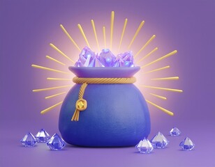 3D purple bag overflowing with glowing purple gems radiates a golden light
