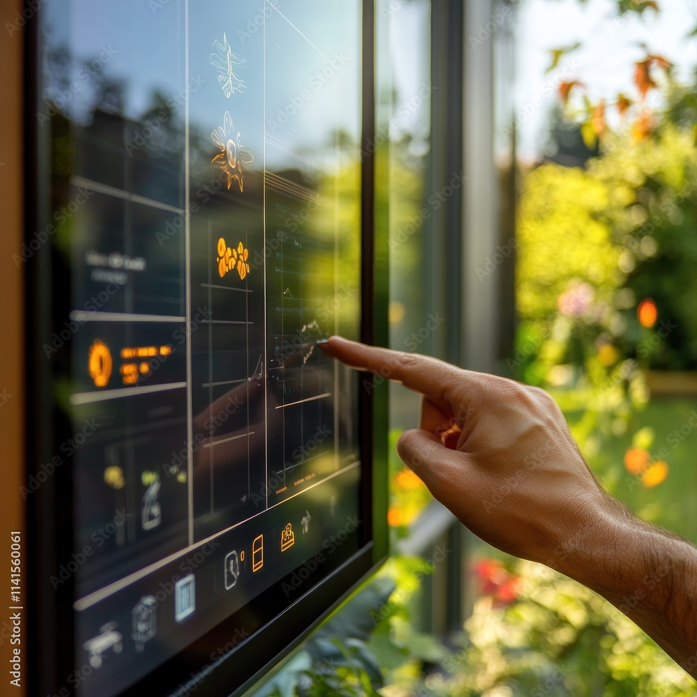 Poster a person interacting with a touchscreen display in a garden setting.