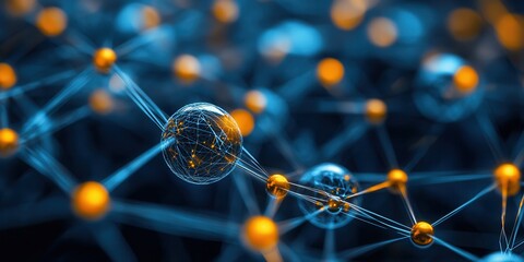 A close-up view of interconnected spheres and lines, showcasing a network of vibrant blue and orange elements, representing concepts of science and technology.
