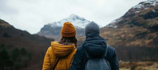 a couple facing away from the camera towards a mountain in the distance