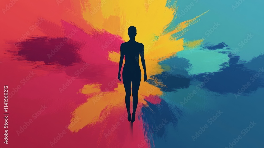 Poster silhouette of a woman walking through a vibrant abstract color burst, evoking emotion and imaginatio
