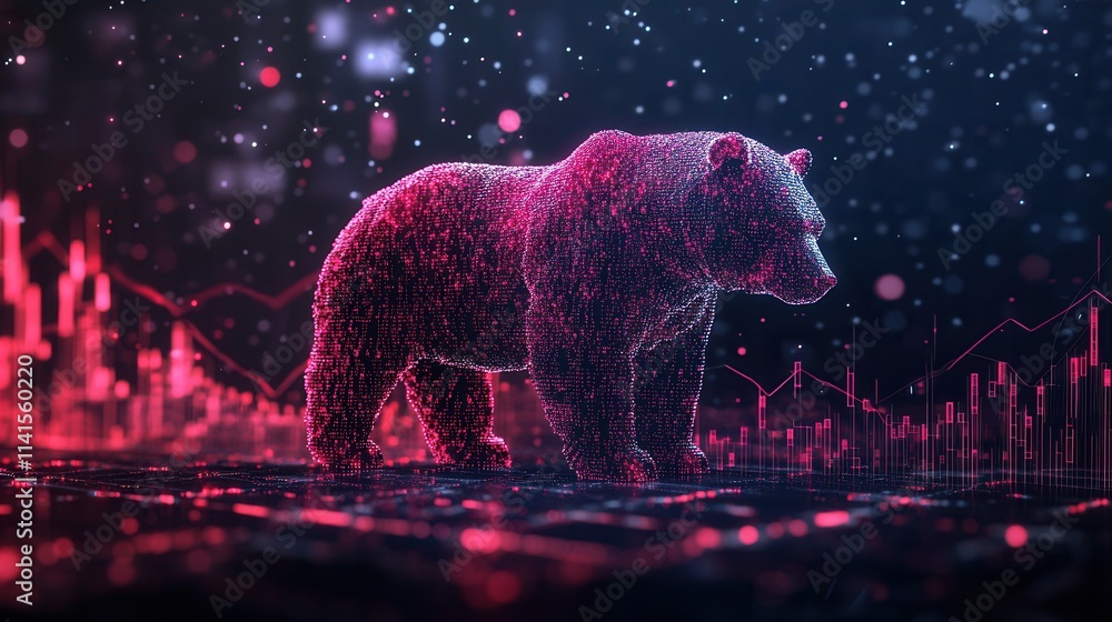 Poster A digital bear figure stands against a backdrop of glowing data visualizations, illustrating a fusion of nature and technology.