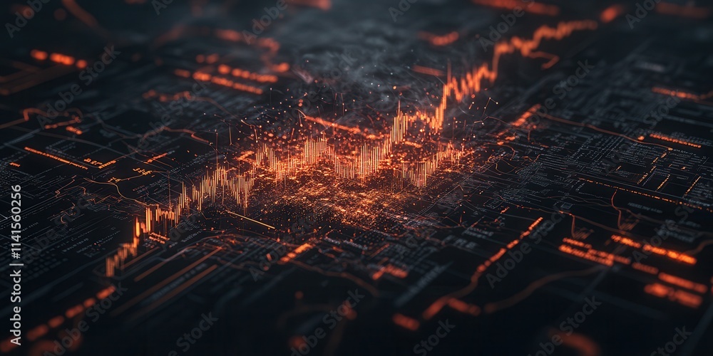Aufkleber a digital visualization of fluctuating data represented by glowing orange lines on a dark background