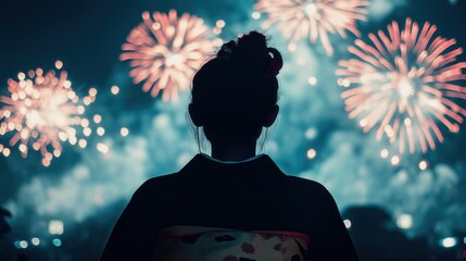 Celebratory fireworks at night with silhouette of girl in traditional japanese dress