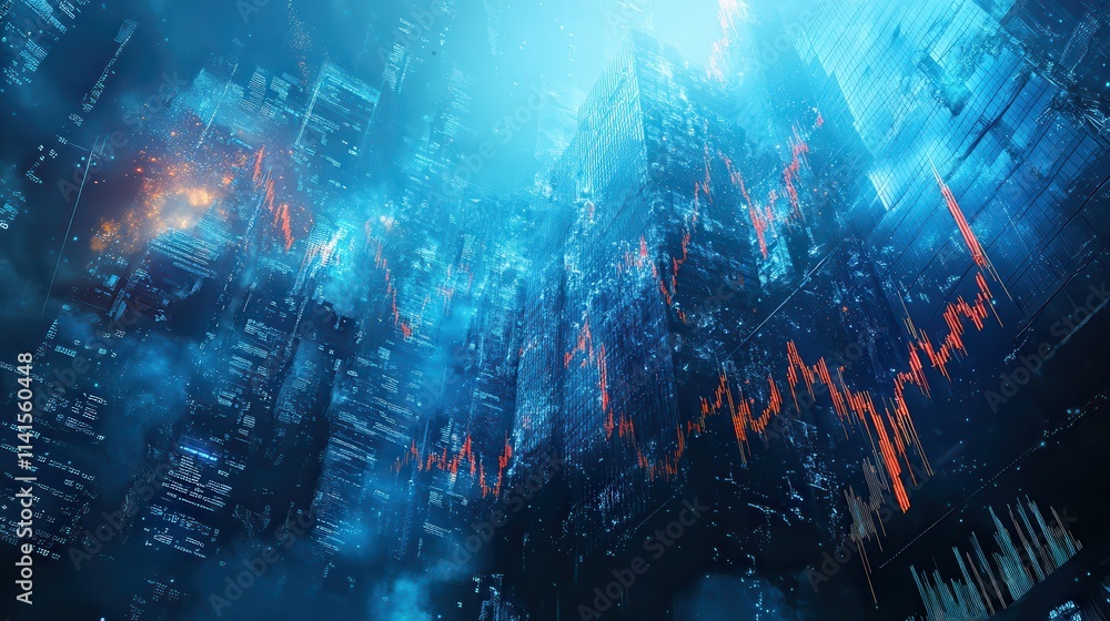 Poster a digital cityscape with blue hues and graph lines, depicting a futuristic, data-driven environment 