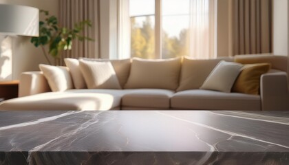 The blurred living room adds depth and context to the image, making it ideal for showcasing products or interior design concepts