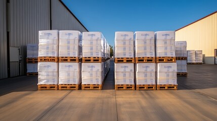 Stacked Wooden Pallets Bearing Wrapped Goods in Outdoor Warehouse Setting Under Clear Blue Sky