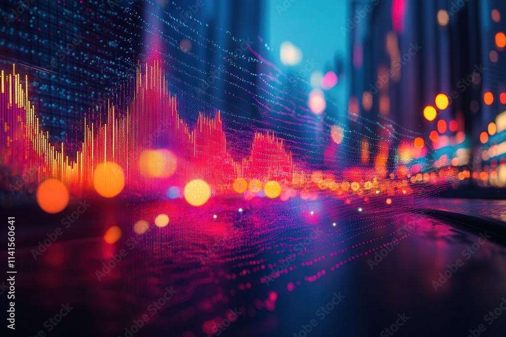 Poster A vibrant, abstract representation of data visualization with colorful graphs and bokeh lights, evoking a sense of technology and modernity.